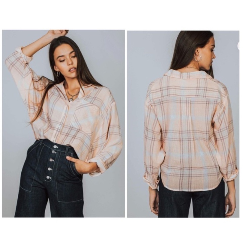 FREE People Cutie Plaid Button Down Shirt Top Dolman Sleeves Peach Size Small